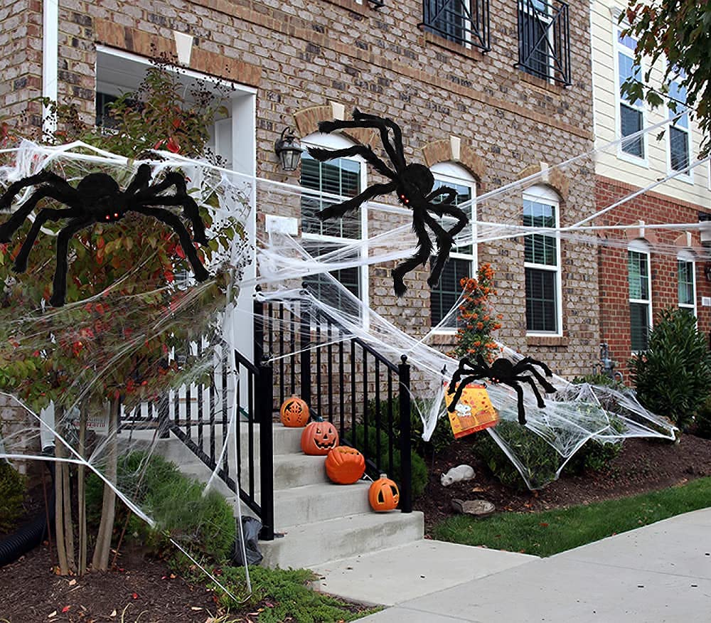 Giant Bendable Spider Trio with 12 Foot Cobweb for Halloween Porches Trees and Fences in Black Or White