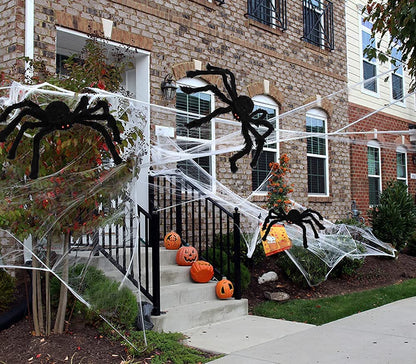 Giant Bendable Spider Trio with 12 Foot Cobweb for Halloween Porches Trees and Fences in Black Or White