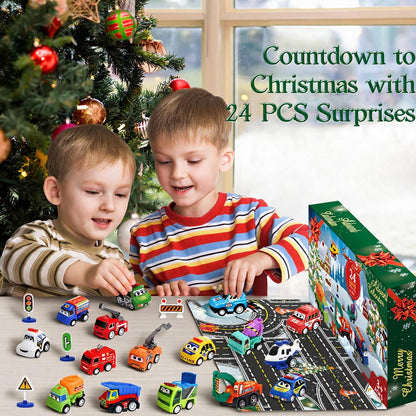 Pull Back Vehicle Countdown Box with 21 Toy Cars and Trucks Plus 3 Sets of Road Signs