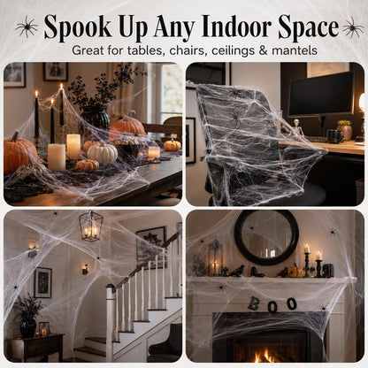 Stretch Cobweb Pack with 40 Plastic Spiders in Six Sizes for Halloween Hedges Porches and Walls