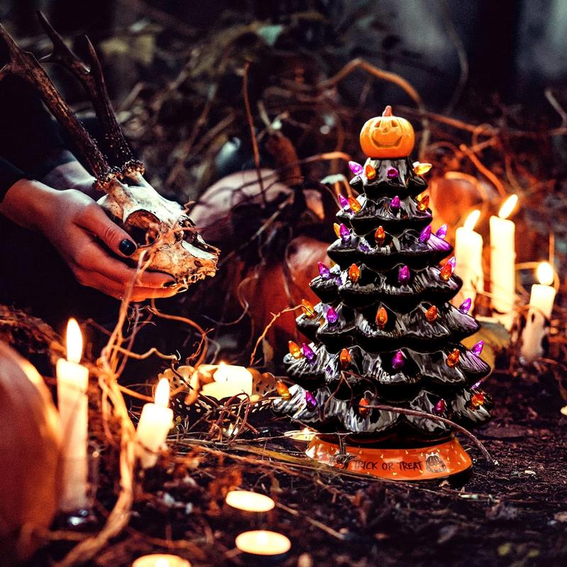 LED Ceramic Tree with Purple and Orange Beads, Battery-Powered Holiday Decor