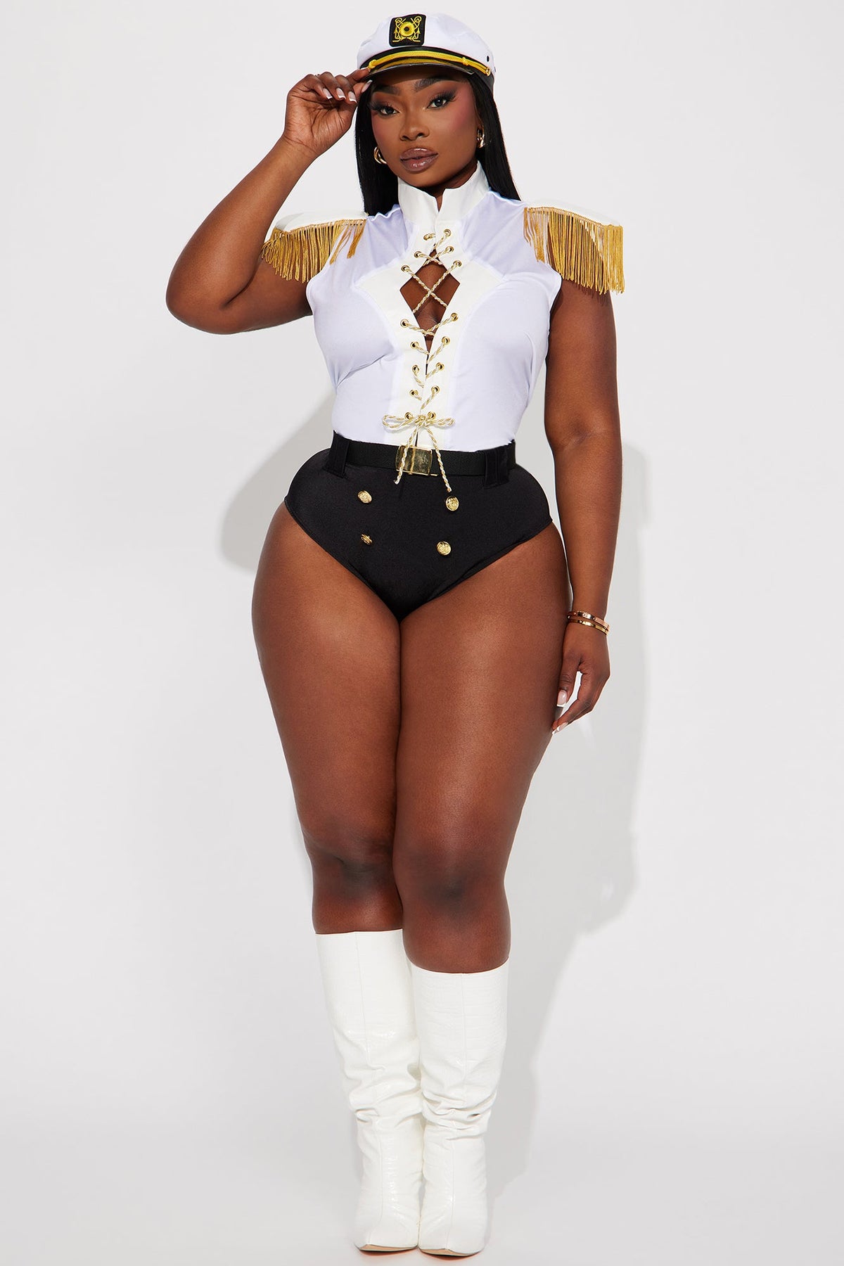 White Sailor Costume Set with Lace Up Bodysuit, Fringe Shoulders, Belt, and Hat