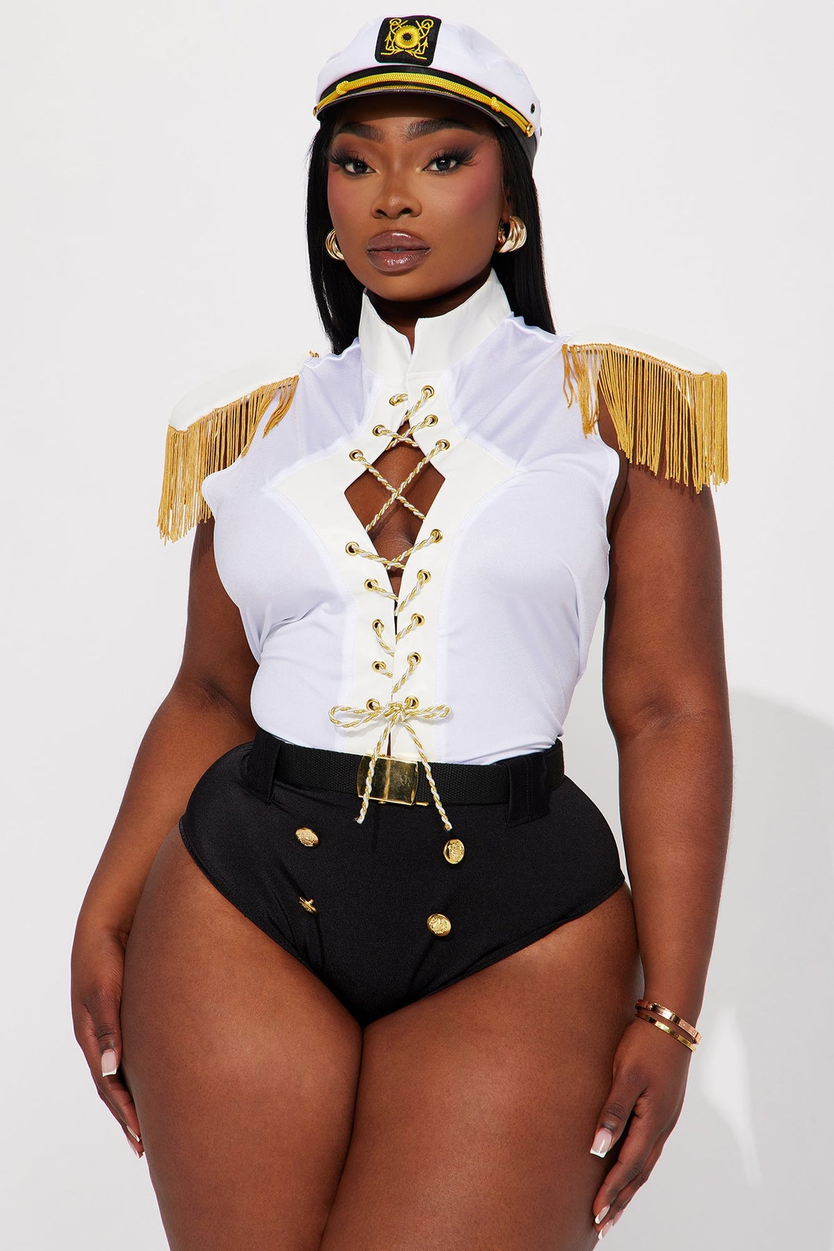 White Sailor Costume Set with Lace Up Bodysuit, Fringe Shoulders, Belt, and Hat