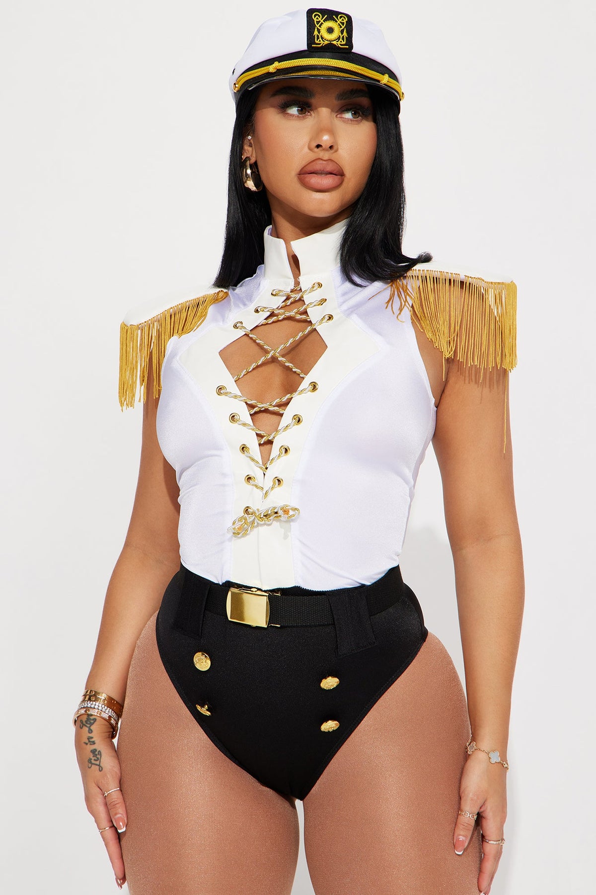 White Sailor Costume Set with Lace Up Bodysuit, Fringe Shoulders, Belt, and Hat