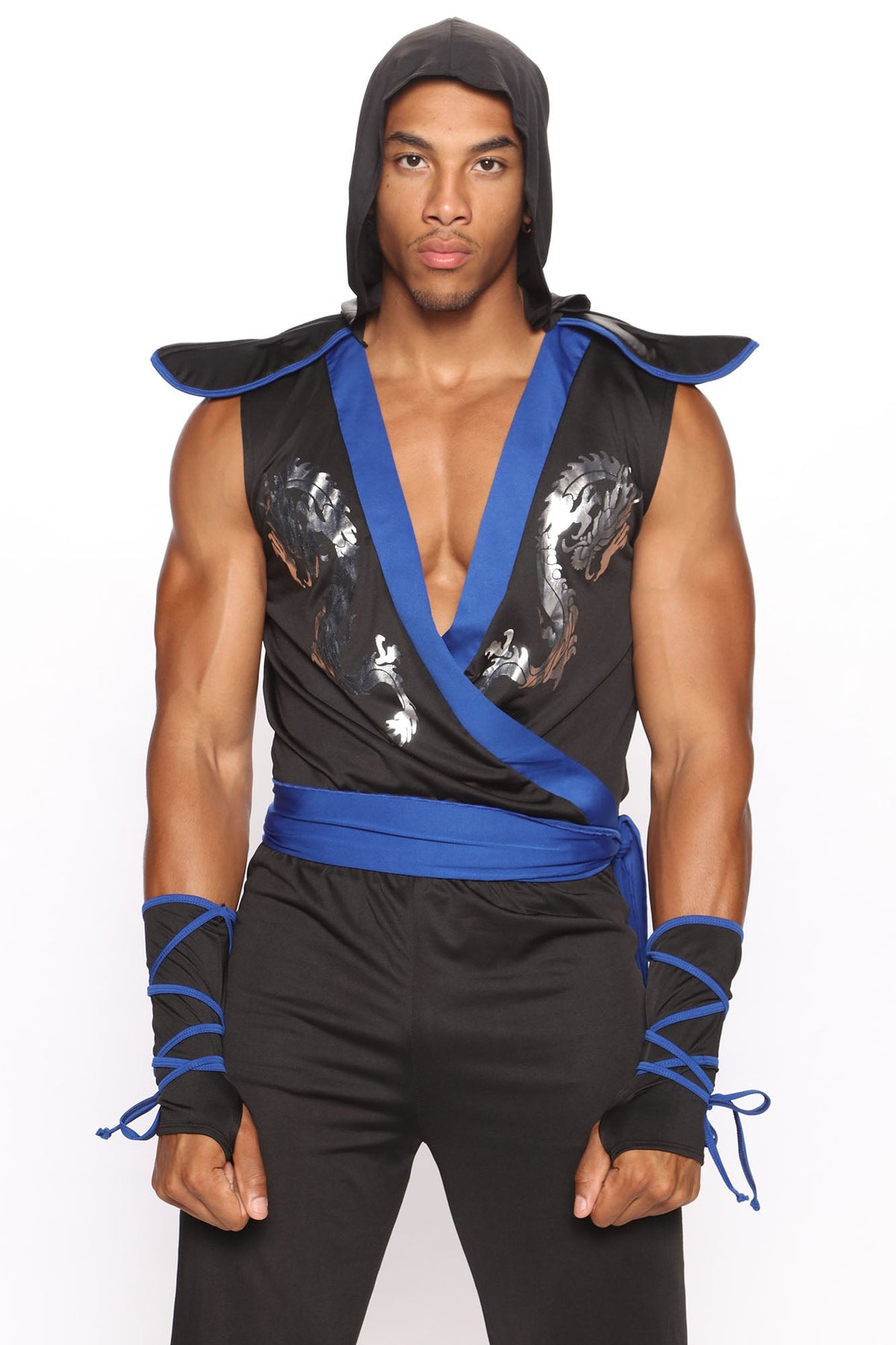 Black and Blue Shadow Warrior Costume Set with Hooded Tunic
