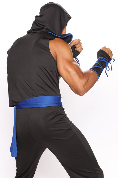 Black and Blue Shadow Warrior Costume Set with Hooded Tunic