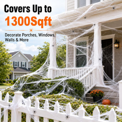 Stretch Cobweb Pack with 40 Plastic Spiders in Six Sizes for Halloween Hedges Porches and Walls