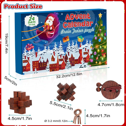 Brain Teaser Countdown Box of 24 Interlocking Metal Rings and 3D Wooden Puzzles in Dark Brown or Light Brown