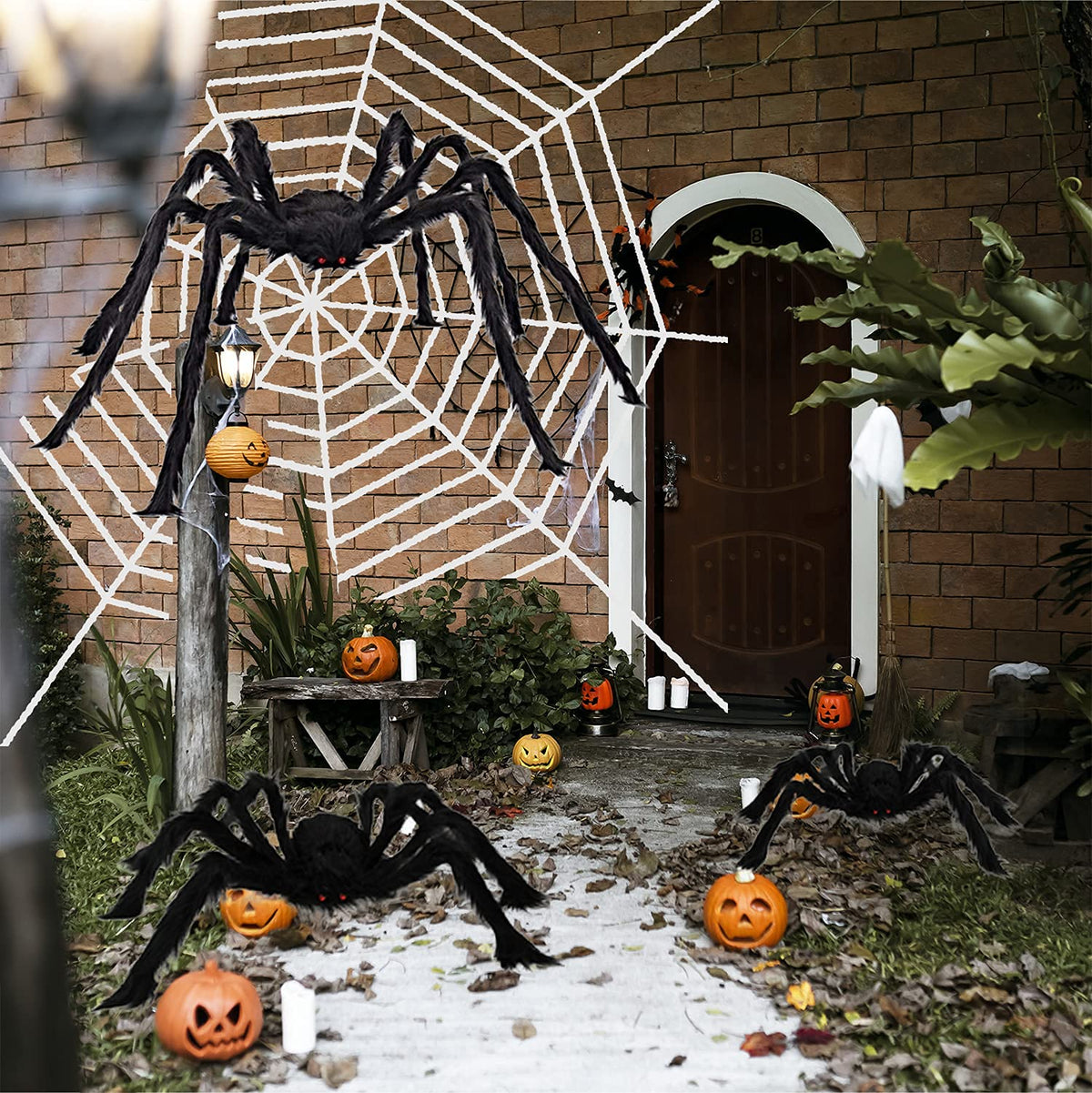 Giant Bendable Spider Trio with 12 Foot Cobweb for Halloween Porches Trees and Fences in Black Or White
