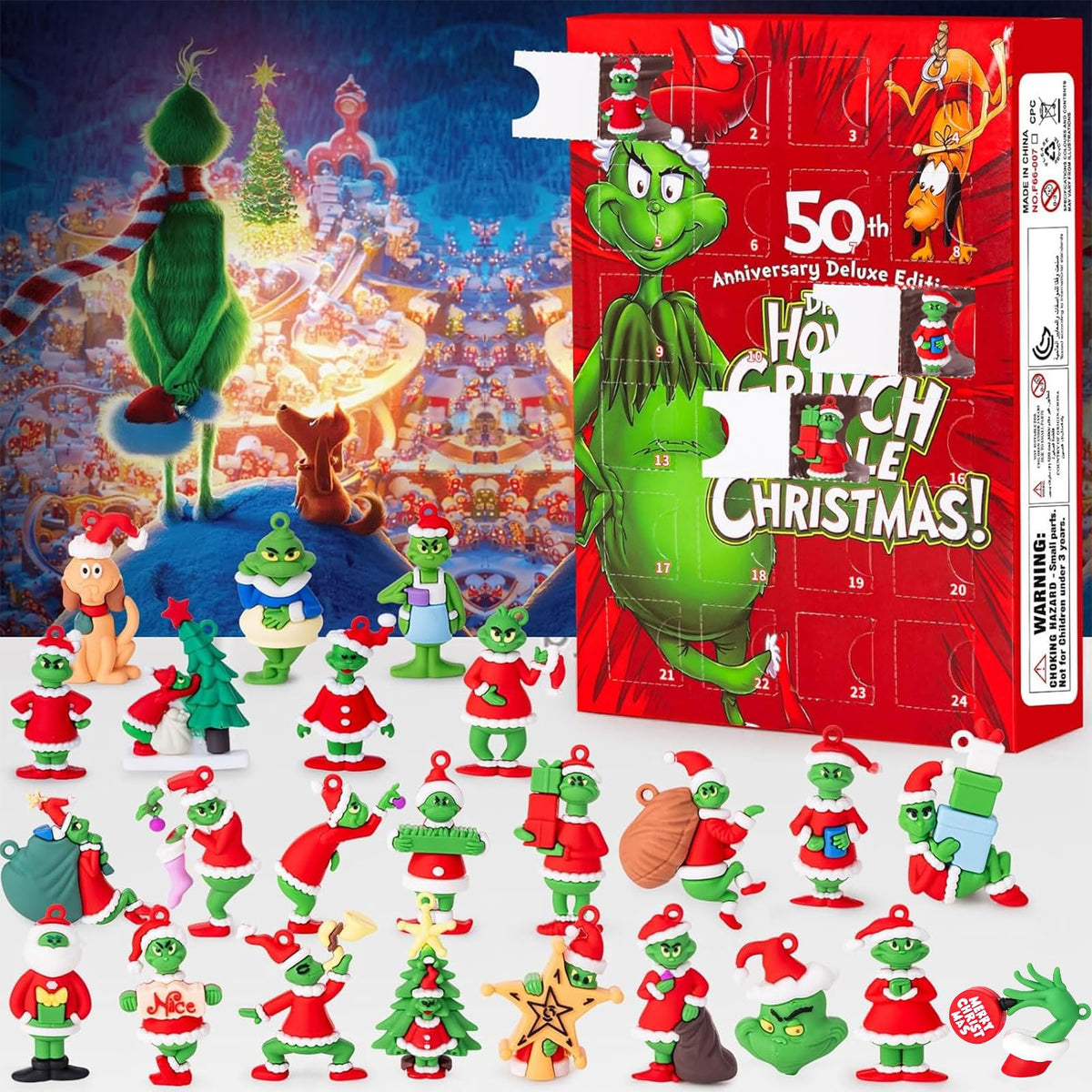 Collectible Holiday Figure Countdown Box of 24 Plastic Figures in Red, Black or Blue for Christmas and Halloween