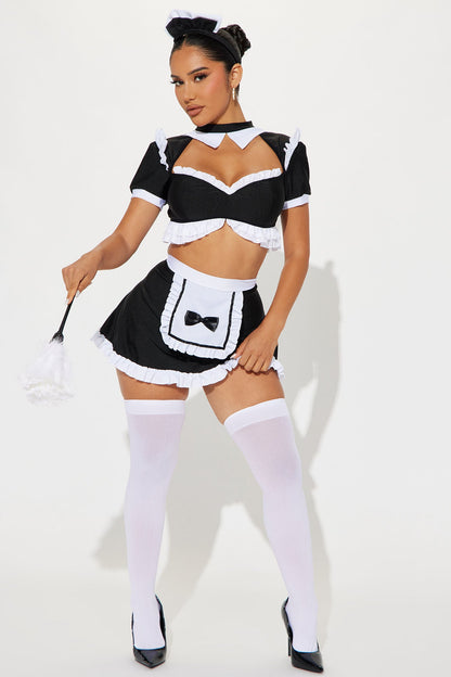 Black and White Maid Costume Set with Lace Top, Apron Skirt, and Feather Duster