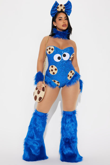 Blue Sequin Teddy Costume Set with Faux Fur Trim, Leg Warmers, and Headpiece