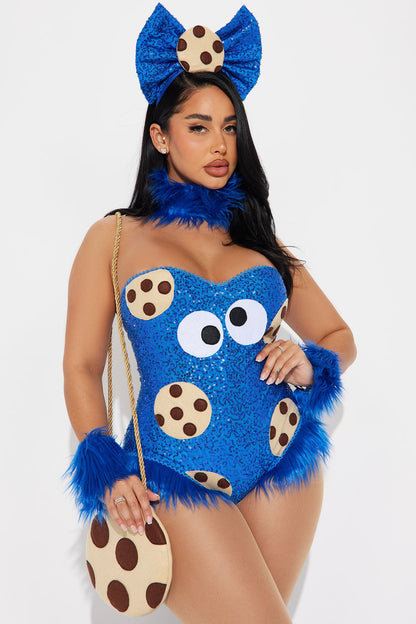 Blue Sequin Teddy Costume Set with Faux Fur Trim, Leg Warmers, and Headpiece