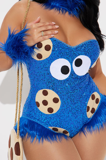 Blue Sequin Teddy Costume Set with Faux Fur Trim, Leg Warmers, and Headpiece