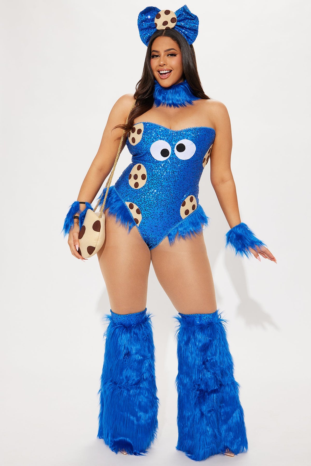 Blue Sequin Teddy Costume Set with Faux Fur Trim, Leg Warmers, and Headpiece
