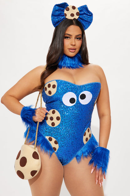 Blue Sequin Teddy Costume Set with Faux Fur Trim, Leg Warmers, and Headpiece