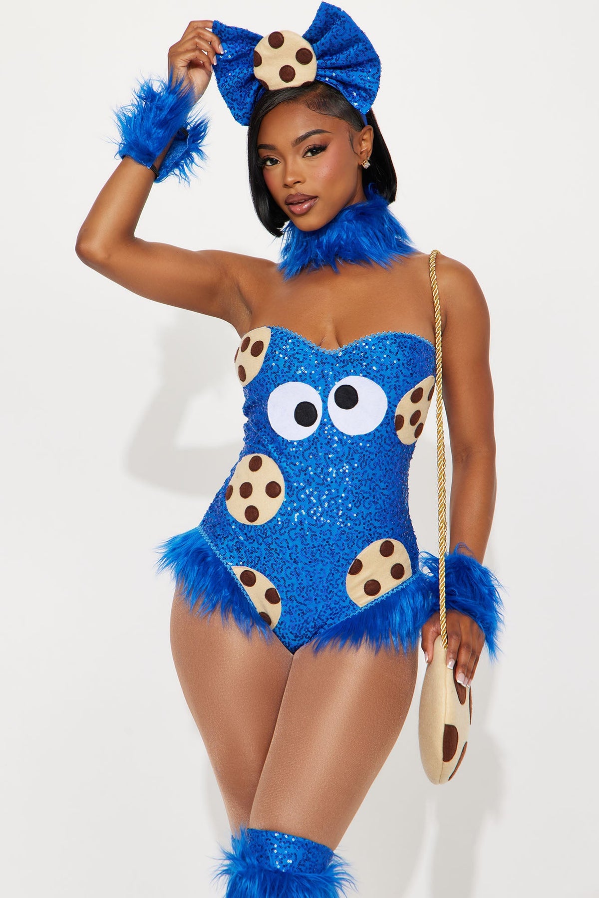 Blue Sequin Teddy Costume Set with Faux Fur Trim, Leg Warmers, and Headpiece