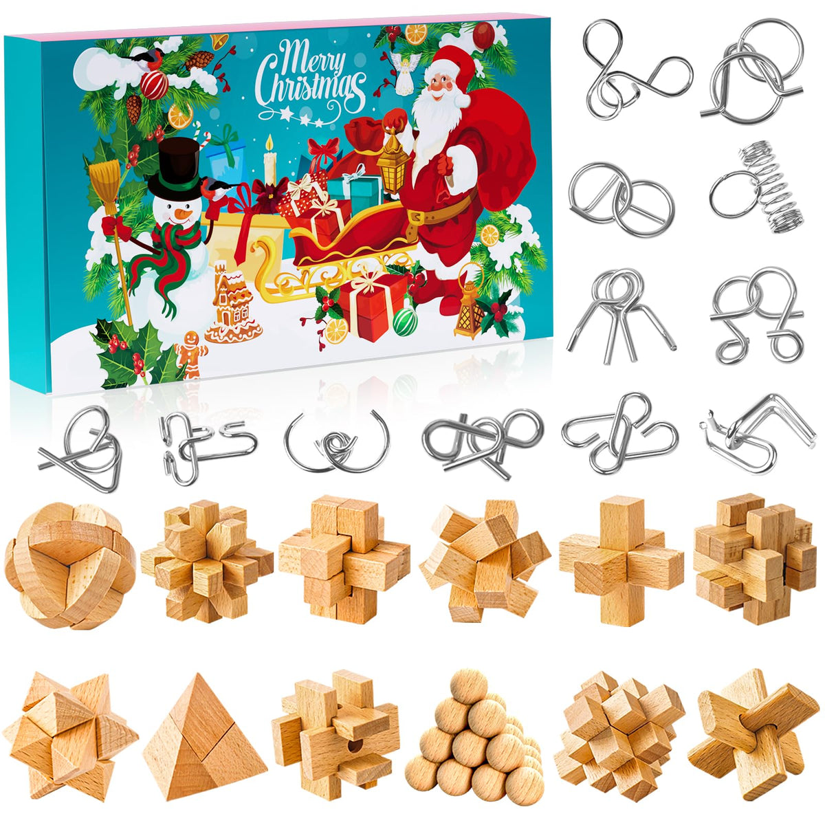 Brain Teaser Countdown Box of 24 Interlocking Metal Rings and 3D Wooden Puzzles in Dark Brown or Light Brown
