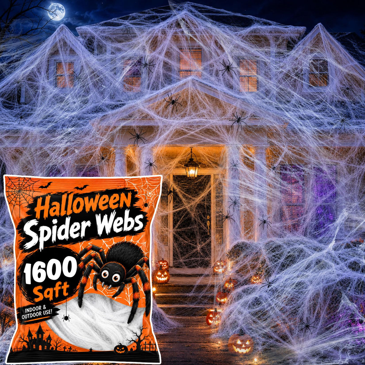 Stretch Cobweb Pack with 40 Plastic Spiders in Six Sizes for Halloween Hedges Porches and Walls