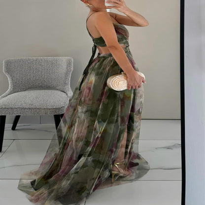 Women's Maxi Dress – Multicolor, Thin Straps, V-Neck, Fluid Silhouette