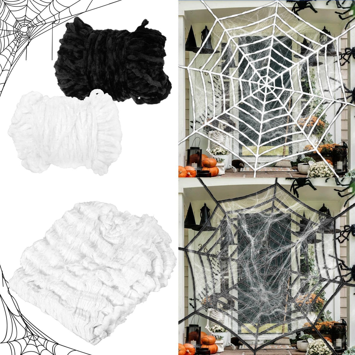 Stretch Cobweb Pack with 40 Plastic Spiders in Six Sizes for Halloween Hedges Porches and Walls
