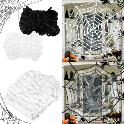 Stretch Cobweb Pack with 40 Plastic Spiders in Six Sizes for Halloween Hedges Porches and Walls