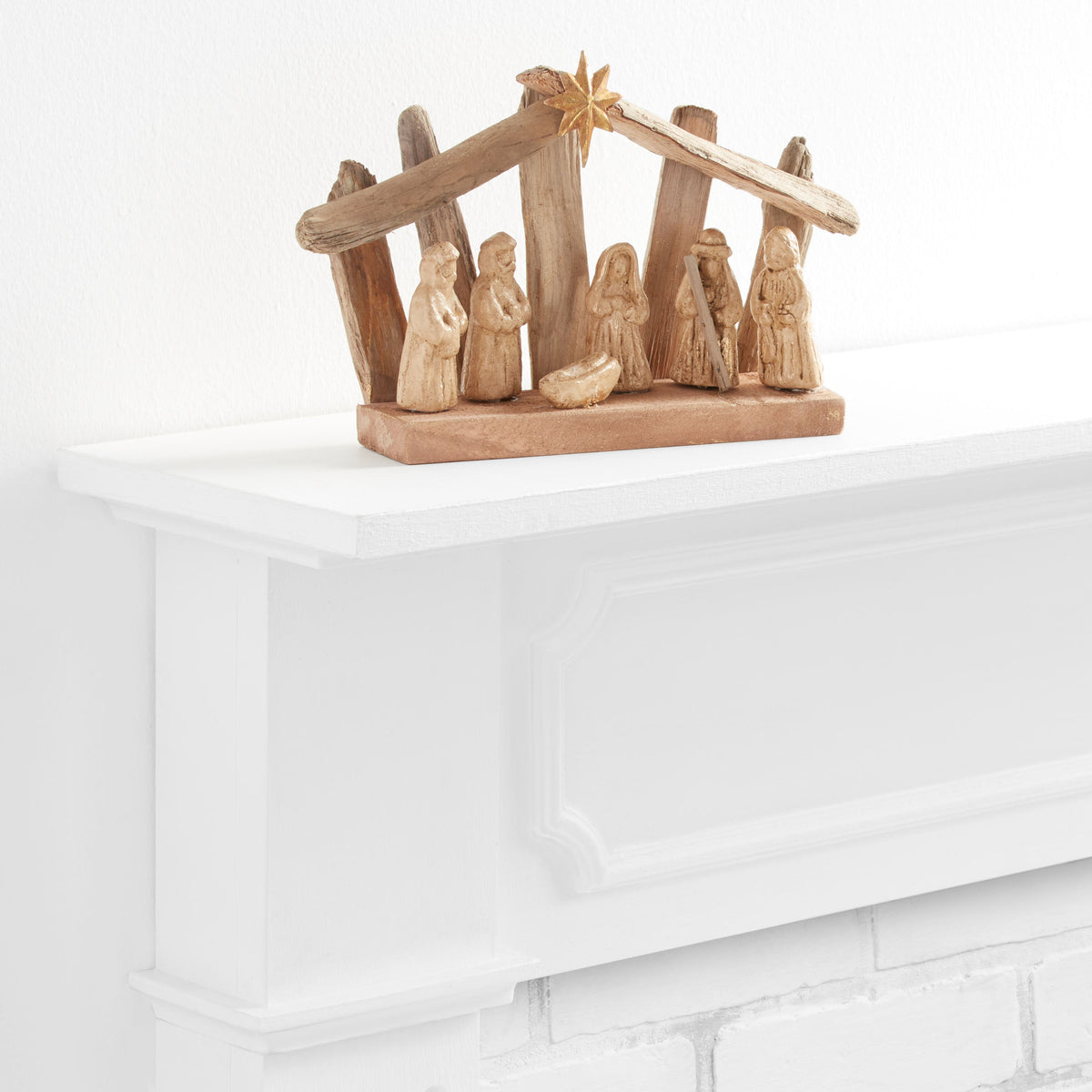 Weathered Driftwood Nativity with Gold Wash Paper Pulp Figures and a Metal Star for Mantels and Shelves