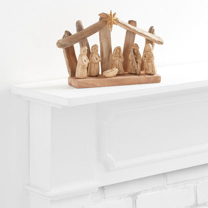Weathered Driftwood Nativity with Gold Wash Paper Pulp Figures and a Metal Star for Mantels and Shelves