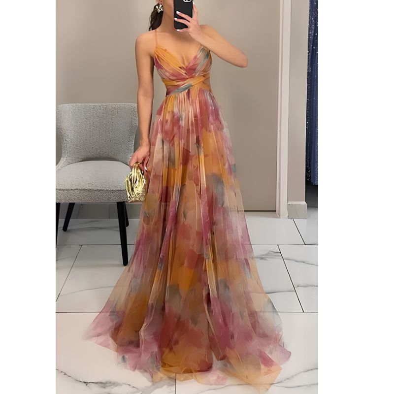 Floor Length Maxi Dress with V Neckline and Fitted Bodice, Abstract Multicolor Pattern