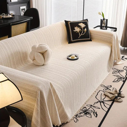 Microfiber Chenille Sofa Cover with Herringbone Weave and Tassel Trim