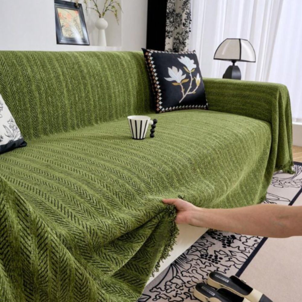Microfiber Chenille Sofa Cover with Herringbone Weave and Tassel Trim