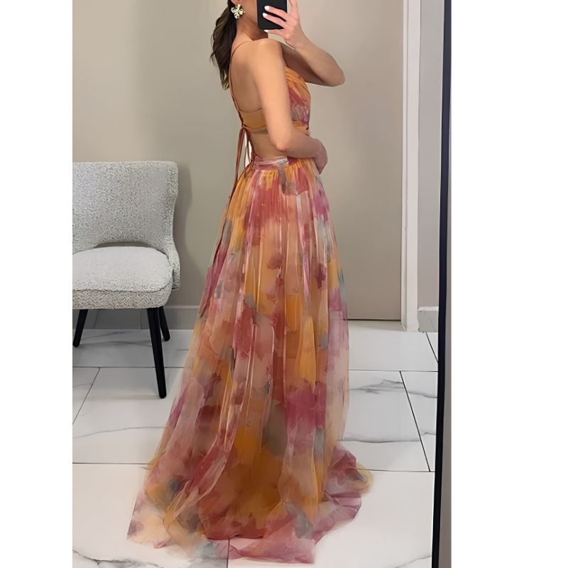 Floor Length Maxi Dress with V Neckline and Fitted Bodice, Abstract Multicolor Pattern