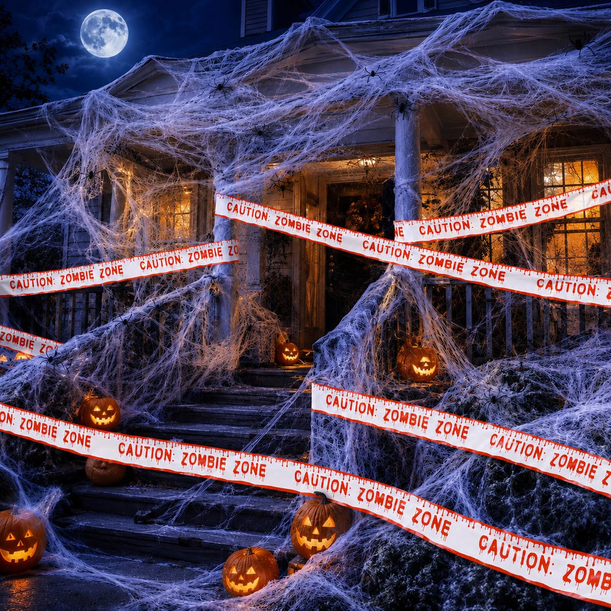 Stretch Cobweb Pack with 40 Plastic Spiders in Six Sizes for Halloween Hedges Porches and Walls