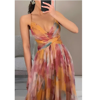 Floor Length Maxi Dress with V Neckline and Fitted Bodice, Abstract Multicolor Pattern