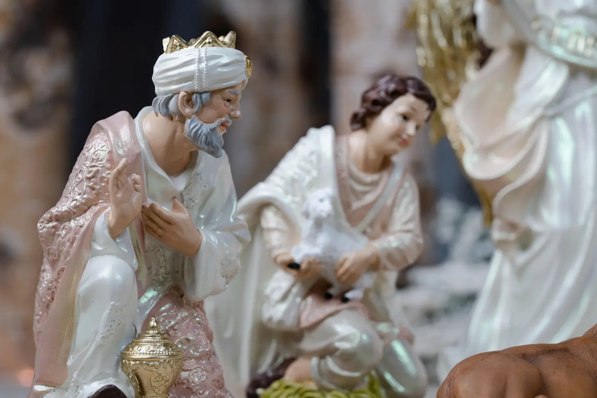 Eleven Piece Blush Pink and Ivory Resin Nativity Set with a Gloria Angel and Pearl Finish in Three Heights