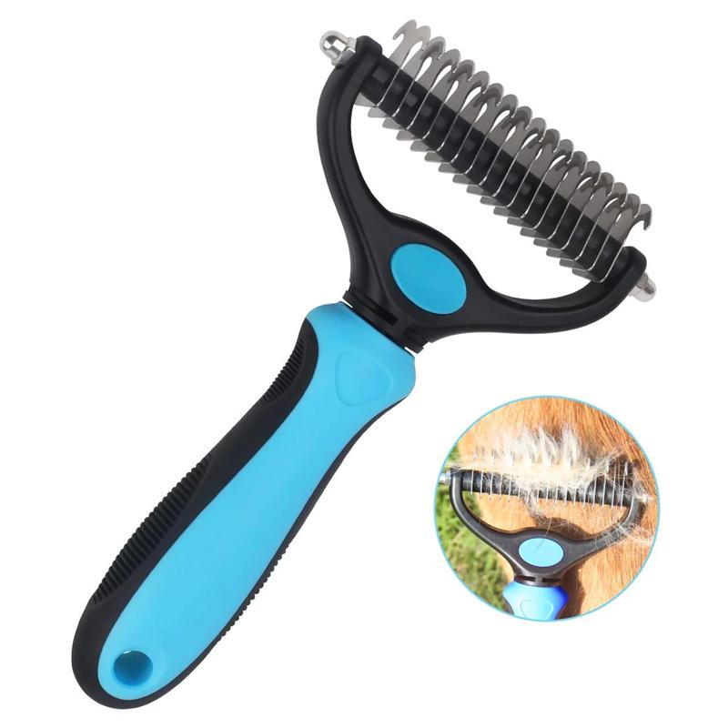 Pet Grooming Brush with Steel Blade Teeth and Rounded Edges for Medium to Long Fur