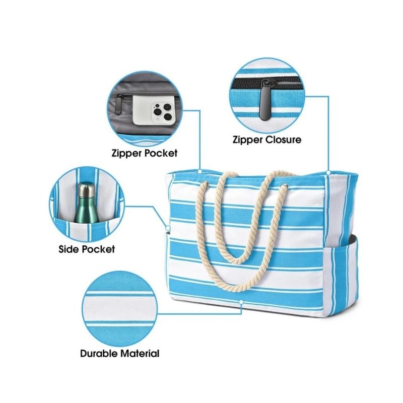 Oversized Beach Tote with Zip Closure and Mesh Panels, Water Resistant 20L