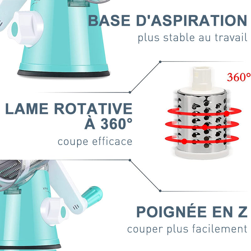 Rotary Vegetable Grater with 3 Interchangeable Stainless Steel Blades and Suction Feet