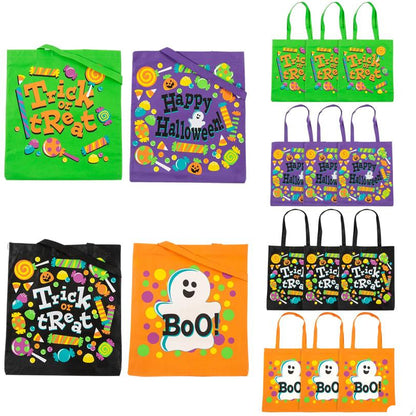 Reusable Halloween Tote Bags Set of 12 in Four Neon Colors with Candy and Ghost Graphics