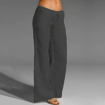 Linen Cotton Blend Trousers with Elastic Waist and Loose Fit for Women