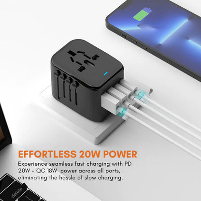 Universal Travel Adapter with Four Plug Types and Smart Charging, 100-240V