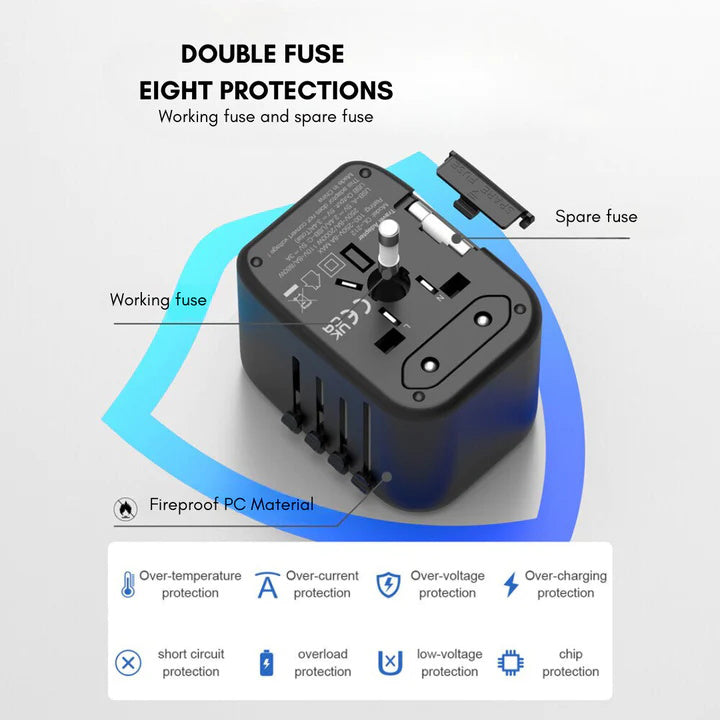 Universal Travel Adapter with Four Plug Types and Smart Charging, 100-240V