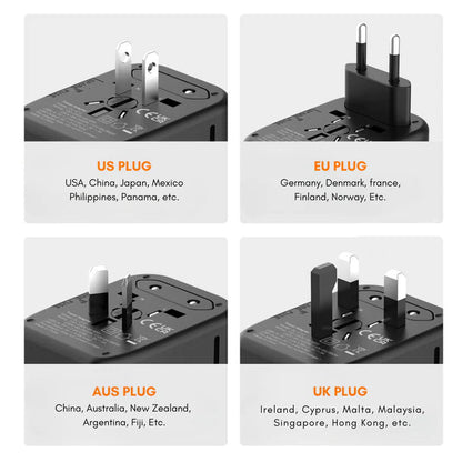 Universal Travel Adapter with Four Plug Types and Smart Charging, 100-240V
