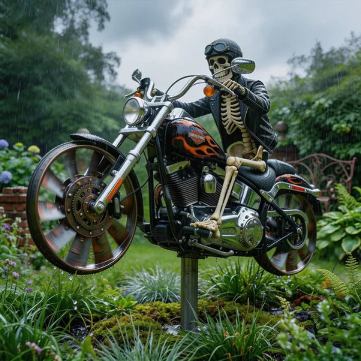 Motorrad-Windrad mit Skelett-Fahrer für Garten -    Zorenza