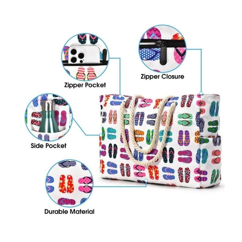 Oversized Beach Tote with Zip Closure and Mesh Panels, Water Resistant 20L