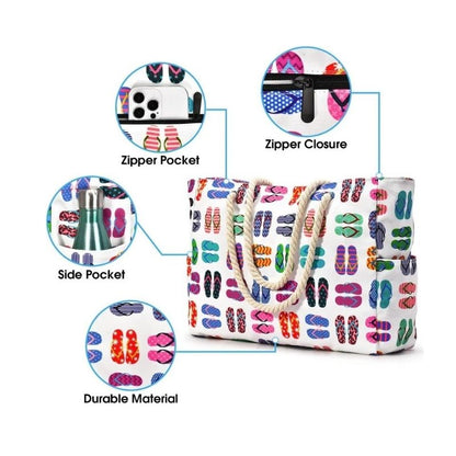 Oversized Beach Tote with Zip Closure and Mesh Panels, Water Resistant 20L