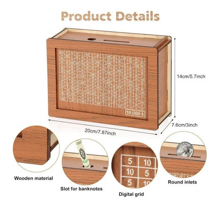 Wooden Money Savings Box with Clear Acrylic Panel and 9 Goal Targets