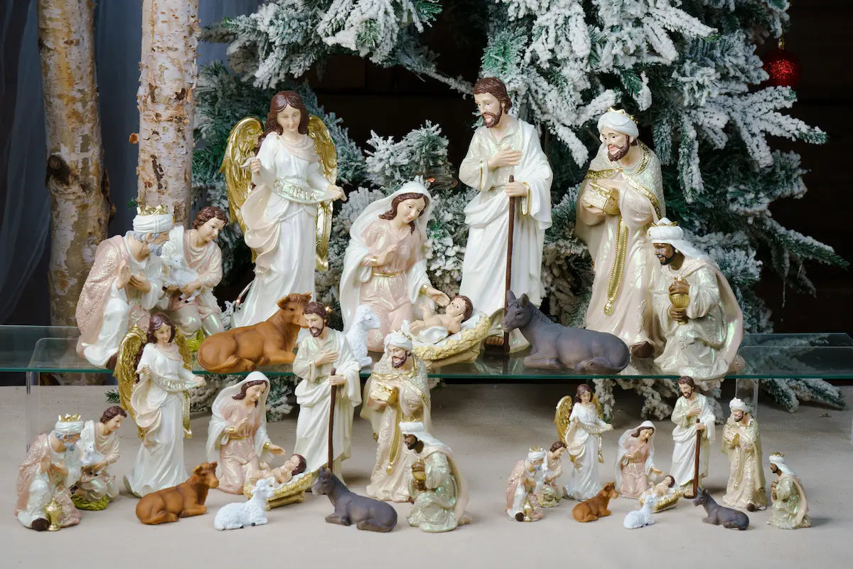 Eleven Piece Blush Pink and Ivory Resin Nativity Set with a Gloria Angel and Pearl Finish in Three Heights