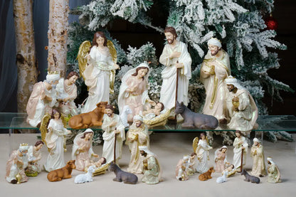 Eleven Piece Blush Pink and Ivory Resin Nativity Set with a Gloria Angel and Pearl Finish in Three Heights