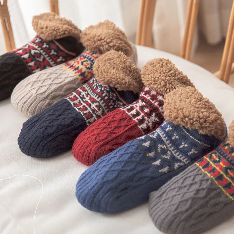 Knit Snow Pattern Socks with a Fleece Lining and Non Slip Grips in Six Colors for Winter